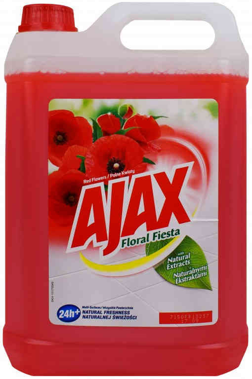 Ajax Płyn uniwersalny 5L POLNE KWIATYCZERWONY Płyn AJAX to uniwersalny środek czyszczący, który możesz bezpiecznie stosować do każdej powierzchni. Na trudne zabrudzenia można użyć płynu bezpośrednio z butelki, a do mycia podłogi wydajnie rozcieńczyć. Niewidoczna warstwa ochronna zapobiega przed os...