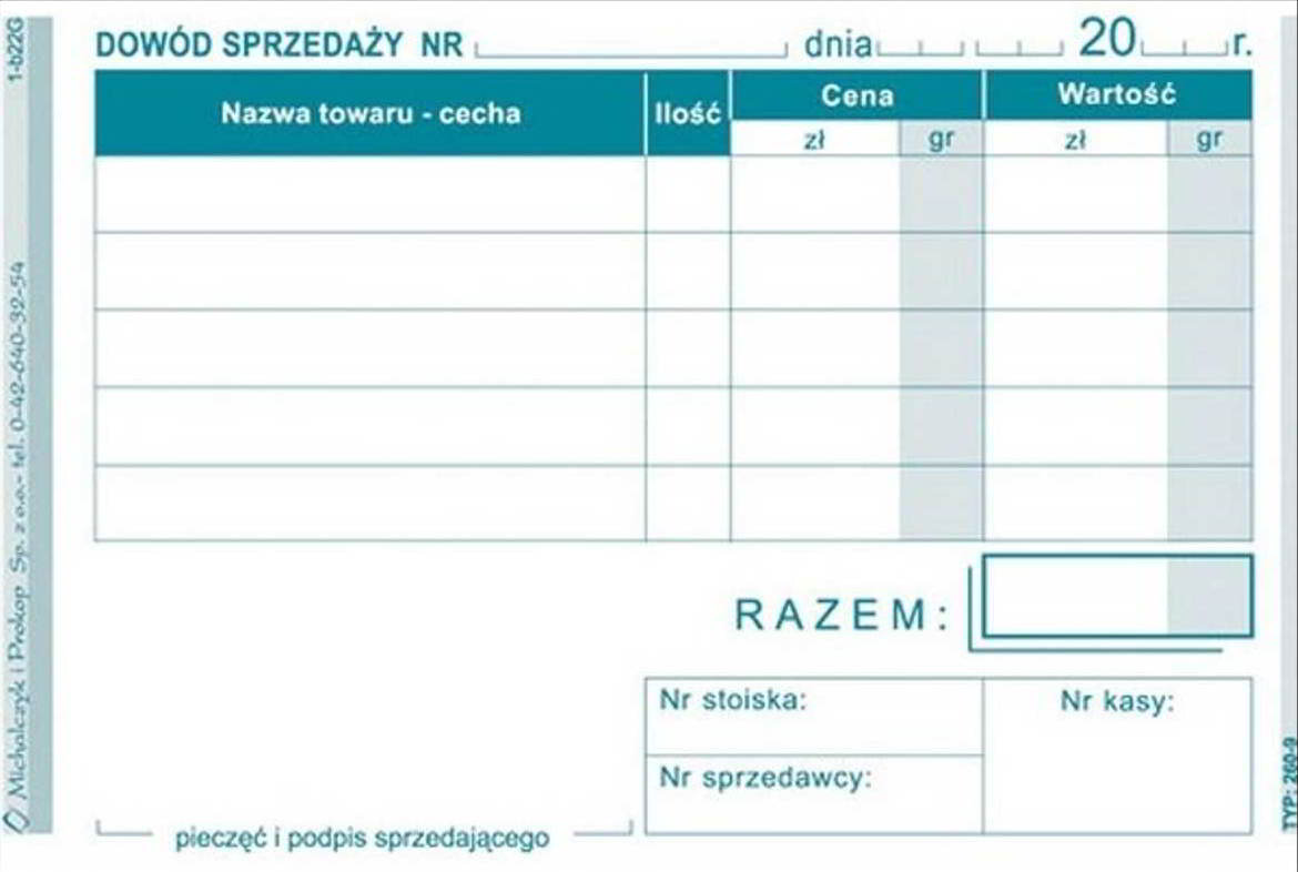Druk akcydensowy Dowód sprzedaży-paragonem A7 dla konsumenta z polami do wypełnienia.