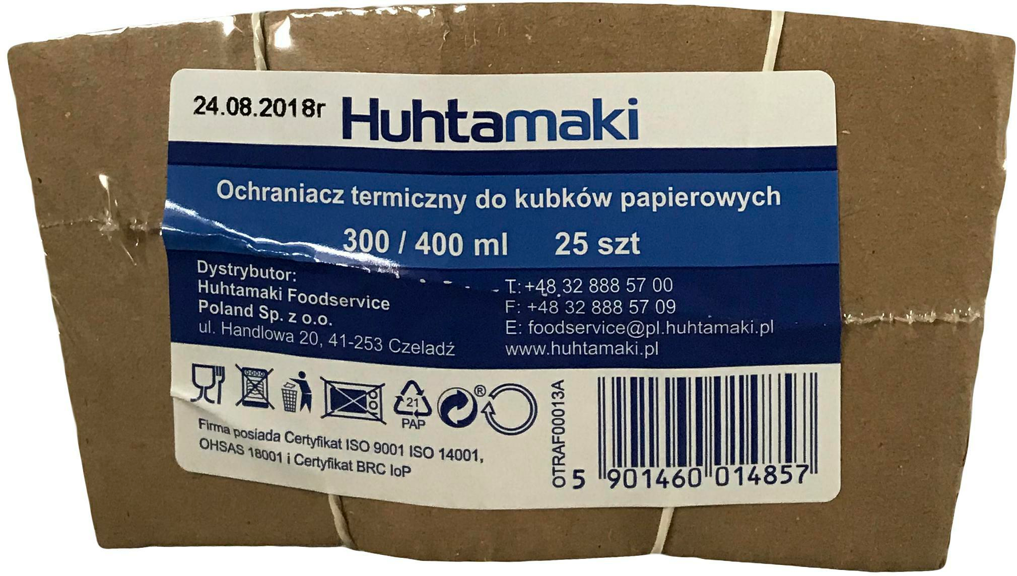 Ochraniacz termiczny do kubków papierowych o pojemności 00 - 400 ml wykonany z dwuwarstwowej tektury falistej. Opakowanie zawiera 100 szt.