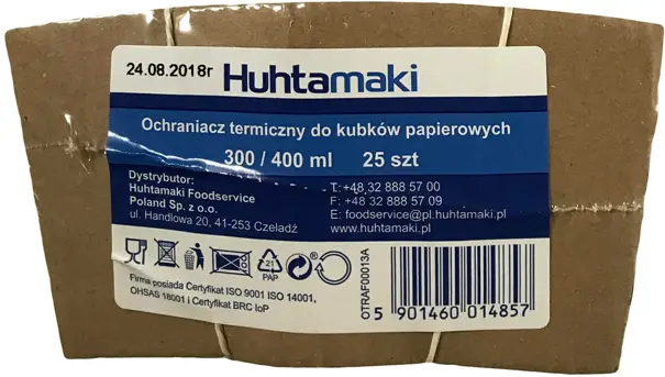 Ochraniacz termiczny do kubków papierowych o pojemności 00 - 400 ml wykonany z dwuwarstwowej tektury falistej. Opakowanie zawiera 100 szt.