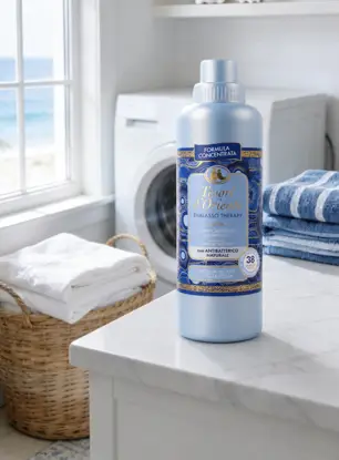 Płyn do płukania Tesori d'Oriente Thalasso Therapy 760ml na blacie pralni z koszem ręczników i pralką w tle.