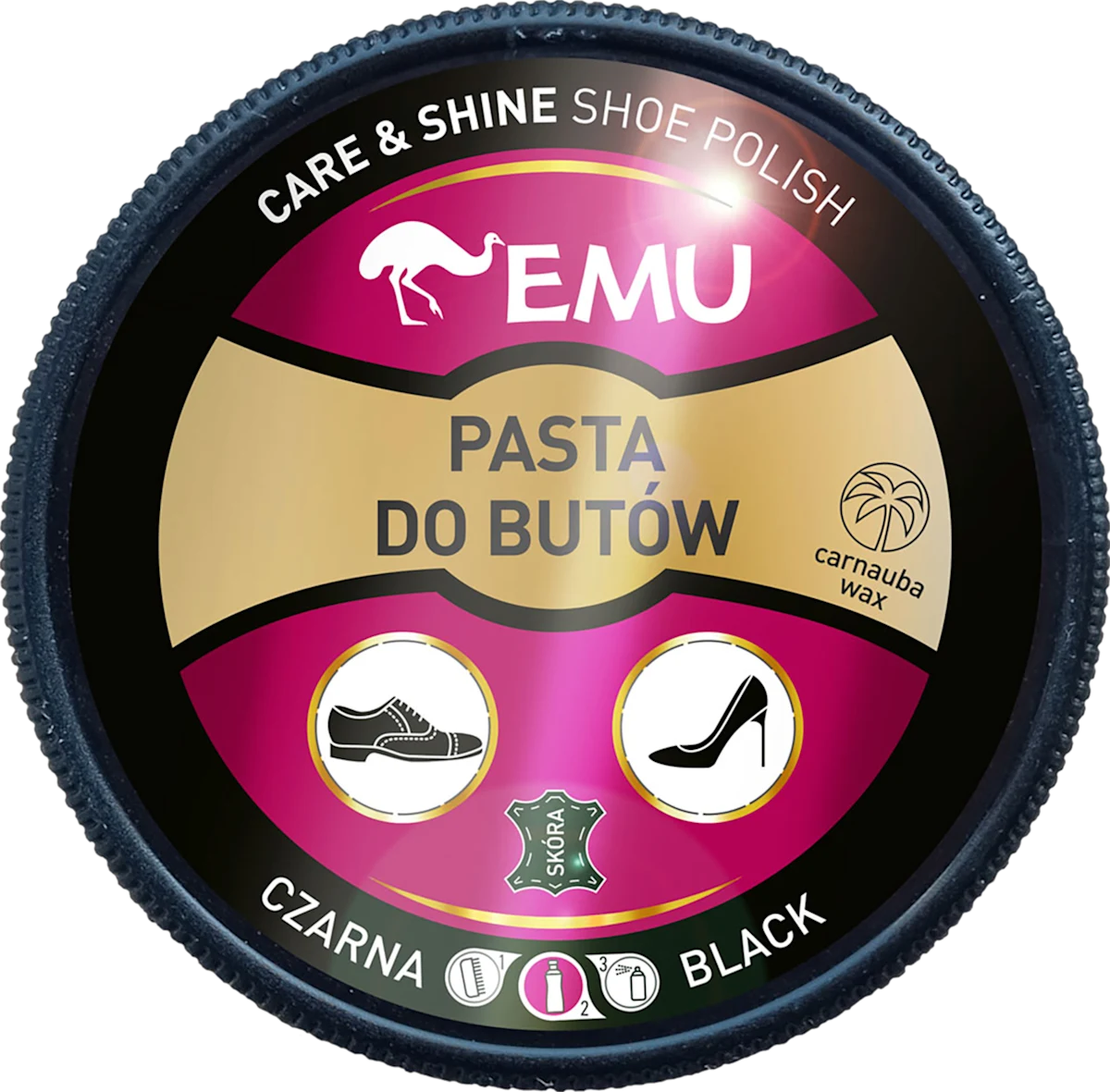 Pasta do butów EMU czarna puszka 50ml Care & Shine do pielęgnacji skóry obuwia z woskiem Carnauba.