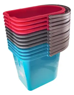 Wiaderko z wyciskiem 14L plastikowe w kolorach czerwonym, szarym i niebieskim z metalową rączką.