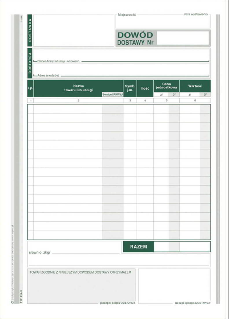 Druki akcydensowe przeznaczone do wypełniania, wykorzystywane w czynnościach urzędowych, handlowych. Niezbędne w funkcjonowaniu firm, urzędów i innych jednostek zgodnie z obowiązującymi normami prawnymi.