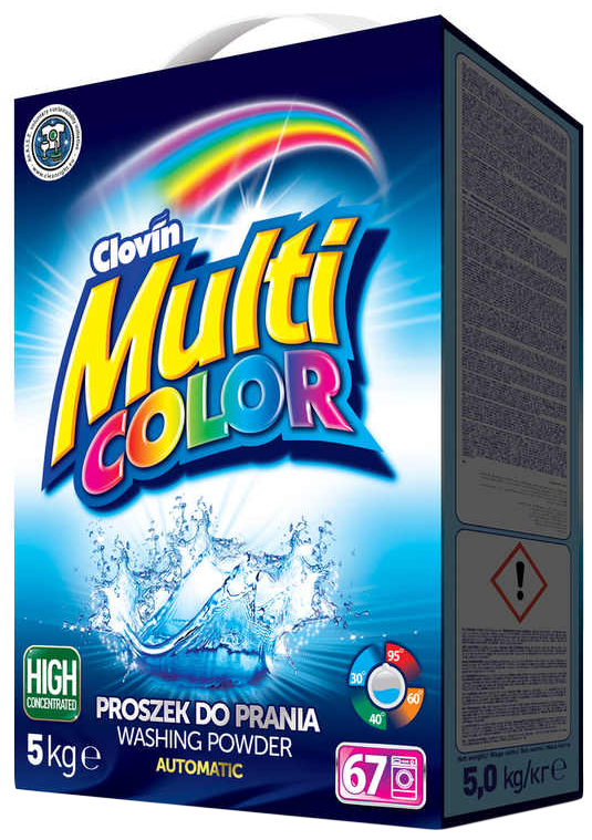 Proszek do prania Clovin Multicolor 5kg uniwersalny do wszystkich tkanin w opakowaniu kartonowym.