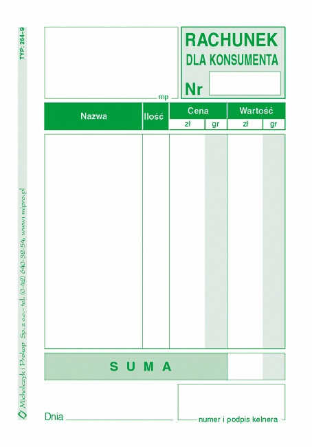 DR Rachunek dla Konsumenta A6 MICHALCZYK262-5 Druki akcydensowe przeznaczone do wypełniania, wykorzystywane w czynnościach urzędowych, handlowych. Niezbędne w funkcjonowaniu firm, urzędów i innych jednostek zgodnie z obowiązującymi normami prawnymi.