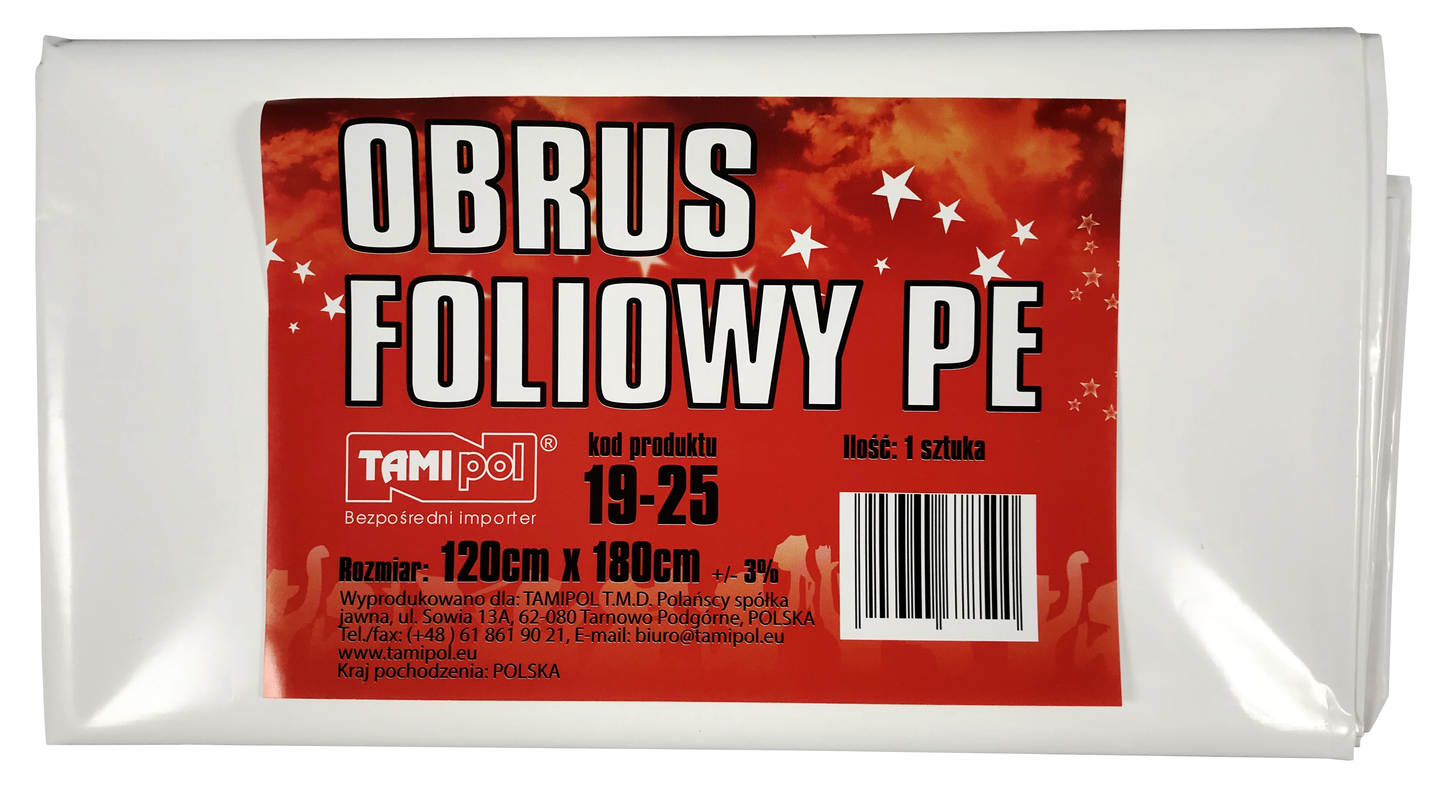 Obrus foliowy biały 120x180 cm, jedna sztuka, opakowanie producenta Tamipol