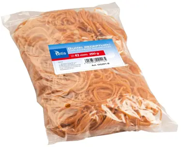 Elastyczne, bardzo wytrzymałe gumki recepturki, powszechnie stosowane w drobnej wytwórczości, biurach, ogrodnictwie, przemyśle, bankach i wielu innych.
Opakowanie: 250gr