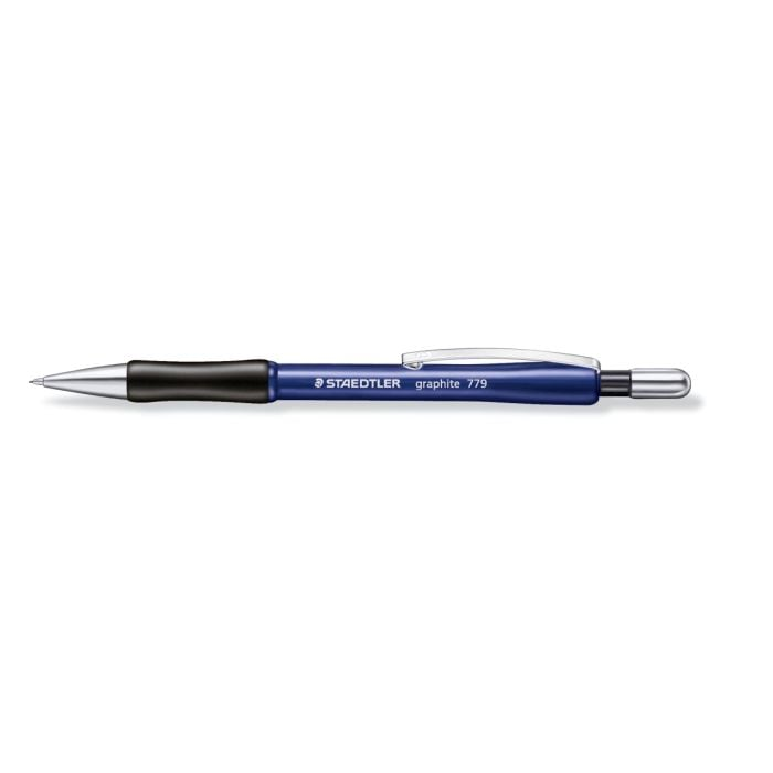Ołówek automatyczny STAEDTLER Graphite 779 w kolorze niebieskim z czarnym uchwytem, przeznaczony do pisania i rysowania.