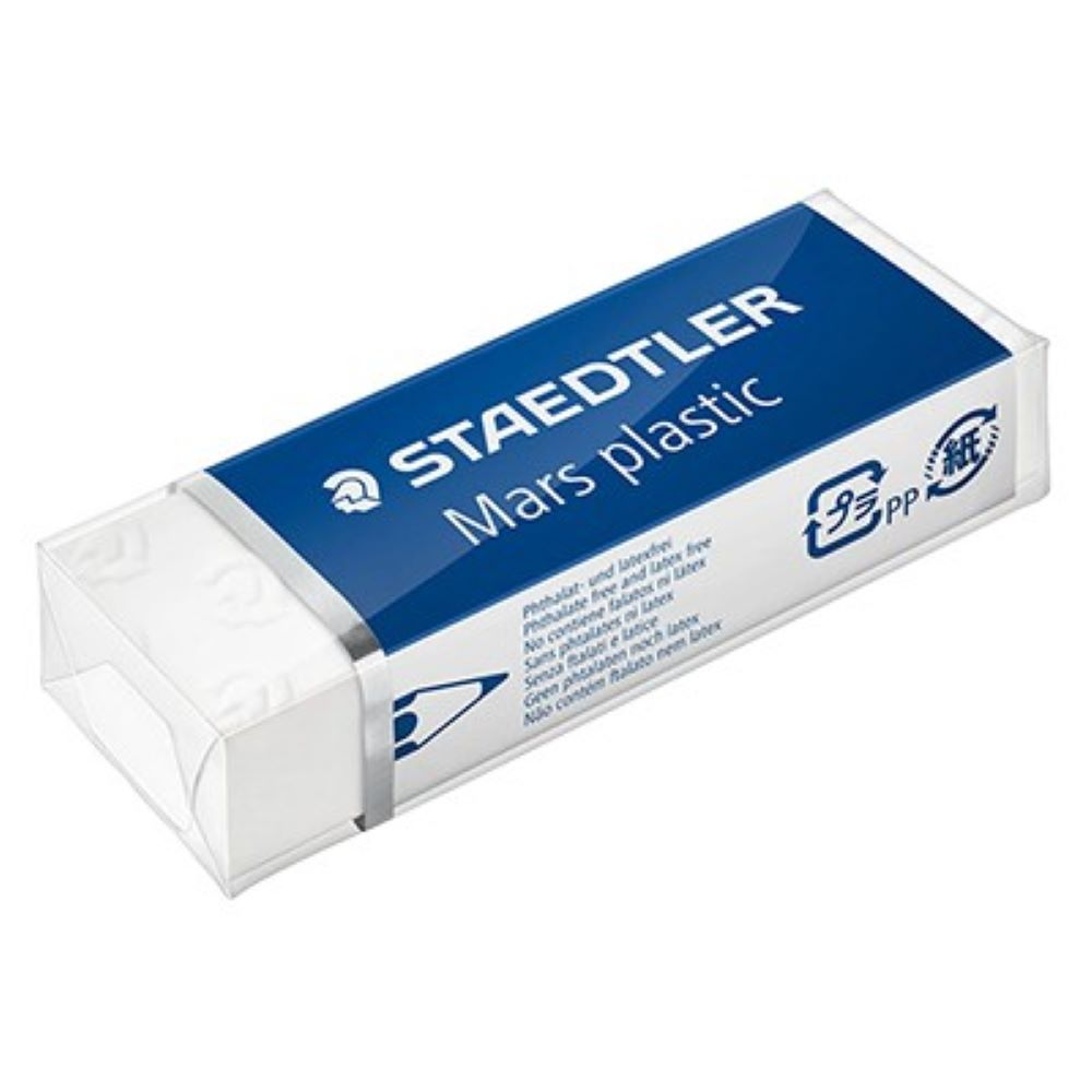 Gumka do ścierania Mars plastic STAEDTLER w białym opakowaniu z niebieską etykietą