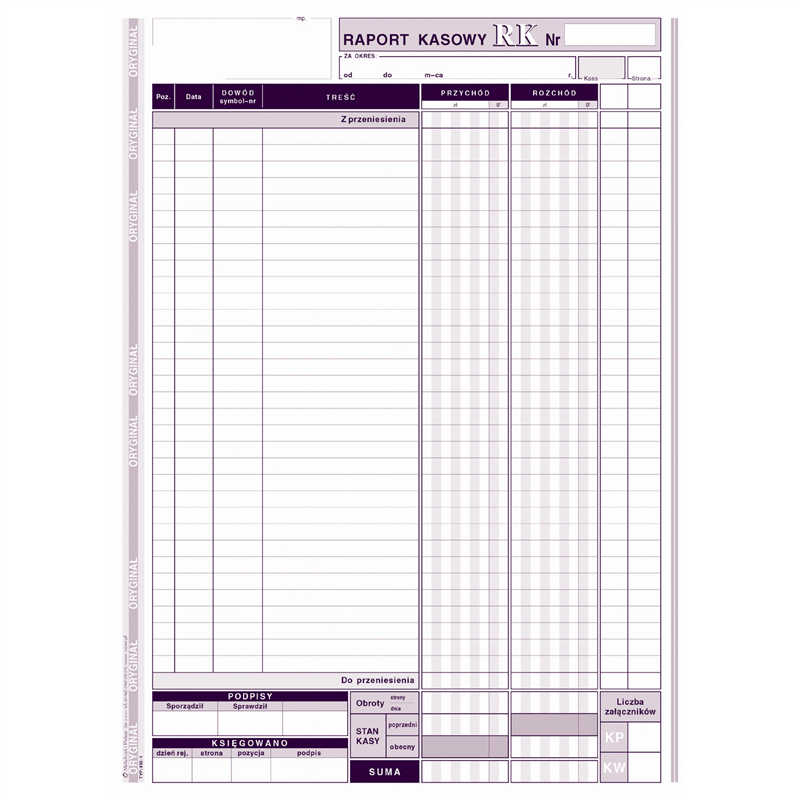 DR Raport Kasowy A 4 michalczyk Druki akcydensowe przeznaczone do wypełniania, wykorzystywane w czynnościach urzędowych, handlowych. Niezbędne w funkcjonowaniu firm, urzędów i innych jednostek zgodnie z obowiązującymi normami prawnymi.