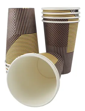 Kubki papierowe 330ml z paskami brązowo-żółtymi, opakowanie 50 sztuk, średnica 80mm