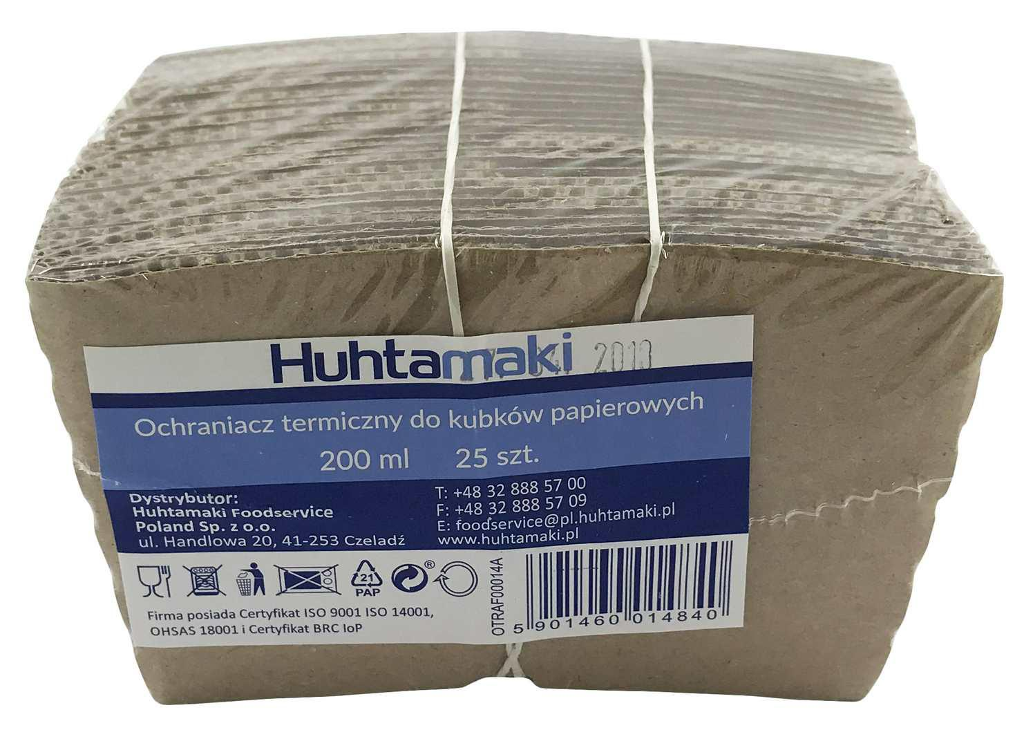 Ochraniacz termiczny do kubków papierowych o pojemności 200 - 250 ml wykonany z dwuwarstwowej tektury falistej. Opakowanie zawiera 100 szt.