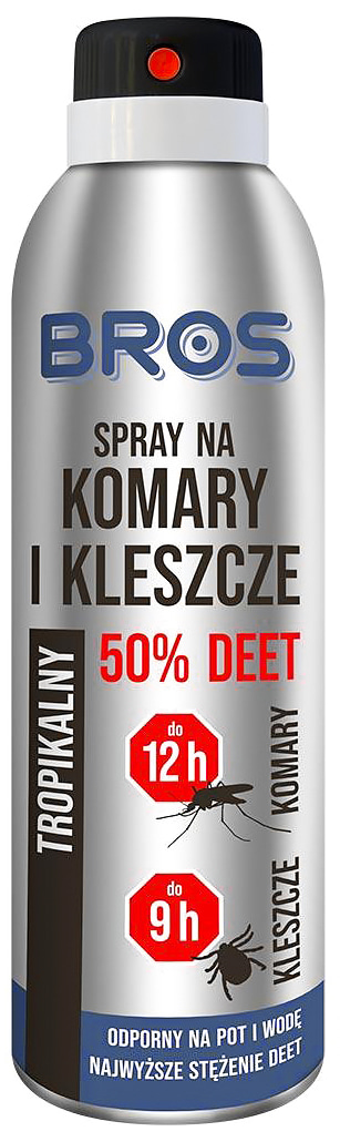 BROS na komary i kleszcze 50% DEET 180ml TROPIKALNY Spray BROS na komary i kleszcze 50% DEET 180ml tropikalny w srebrnym opakowaniu aerozolu.