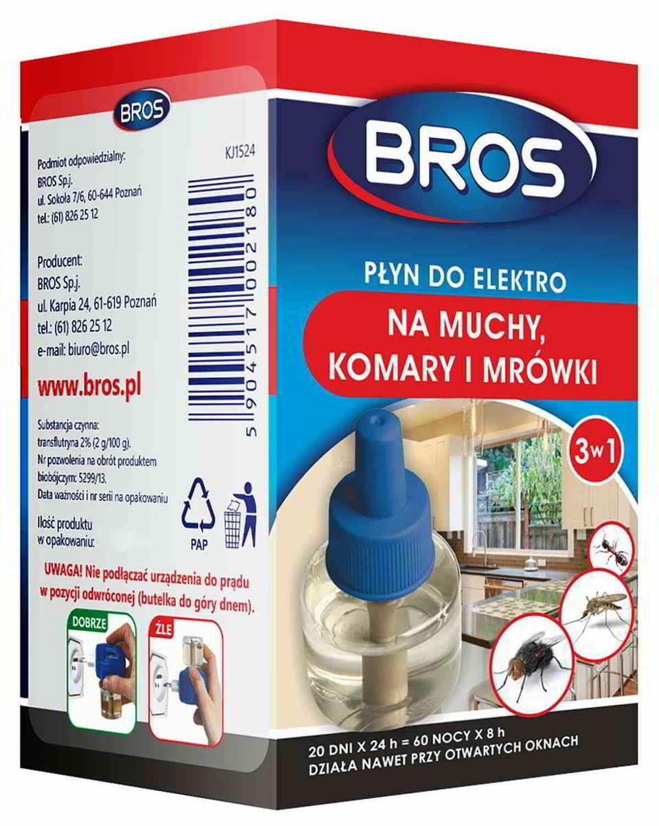 BROS płyn do elektrofumigatora 30ml na muchy, komary i mrówki 3w1 z aplikatorem