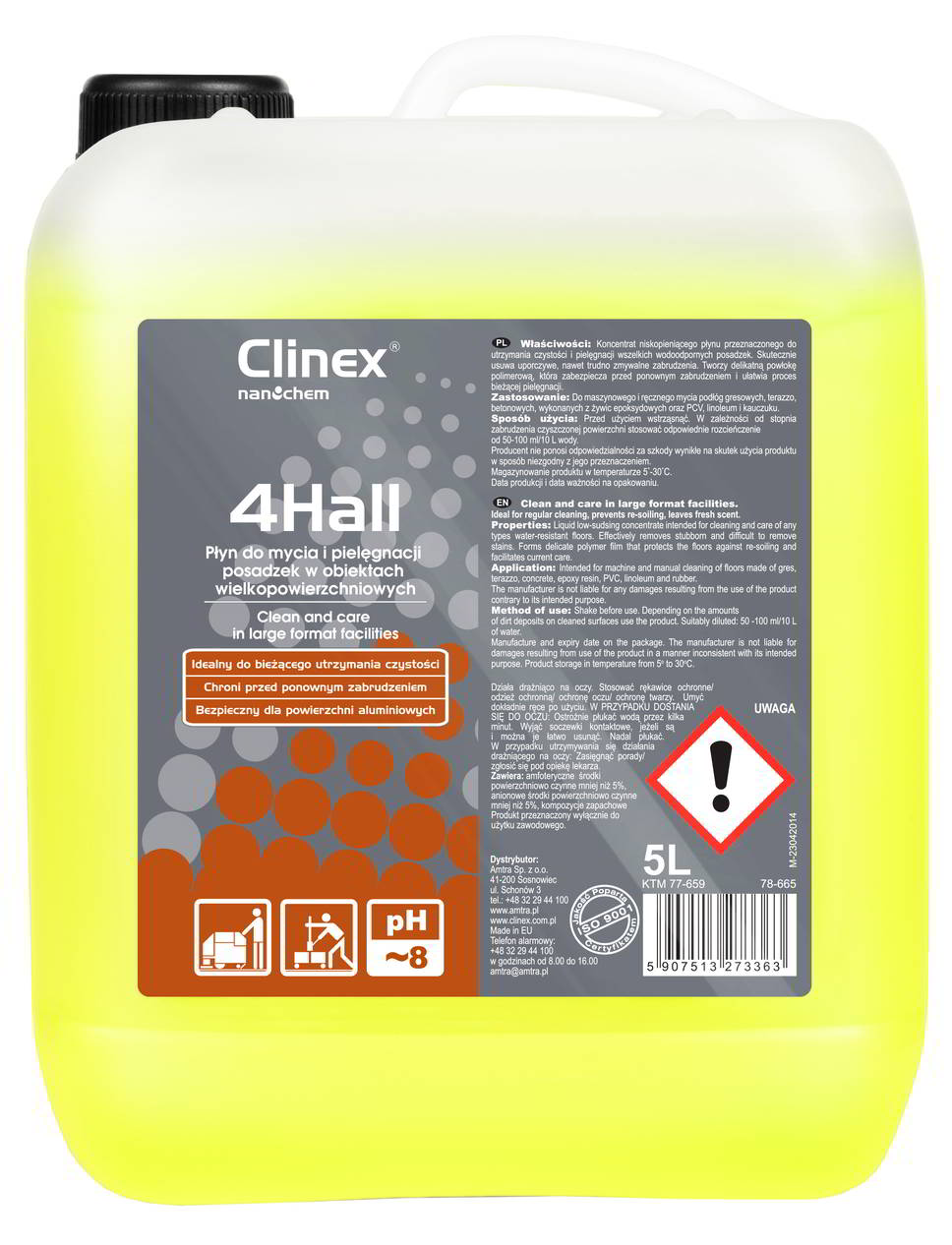 Płyn do mycia i pielęgnacji posadzek Clinex 4Hall 5L, żółty koncentrat w kanisterze, do hal sportowych