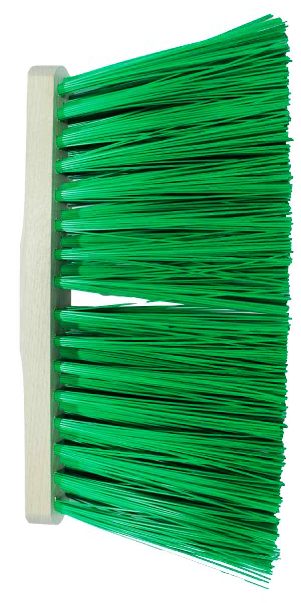 Miotła wykonana na bazie oprawy drewnianej lakierowanej. Posiada wewnętrzny gwint na kij 22mm. Zastosowane włosie to PET, o średnicach 0,60-1,0mm i długości: 15cm. Szerokość miotły: 25cm. W komplecie znajdujemy drewniany trzonek o długości: 120cm, i śr...