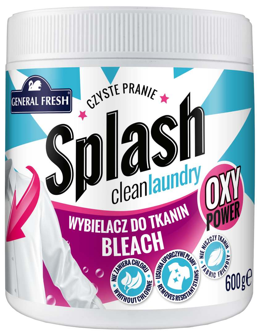 Wybielacz do tkanin Splash 600g OXY Power bez chloru w opakowaniu słoika.