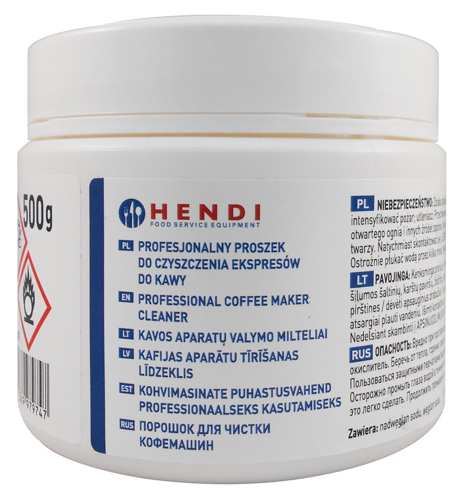 Z dodatkiem aktywnego tlenu do usuwania garbników oraz osadów kawowych w ekspresach do kawy. Czyści porcelanę oraz wewnętrzne powierzchnie termosów z osadów po kawie i herbacie.

Waga: 500 g