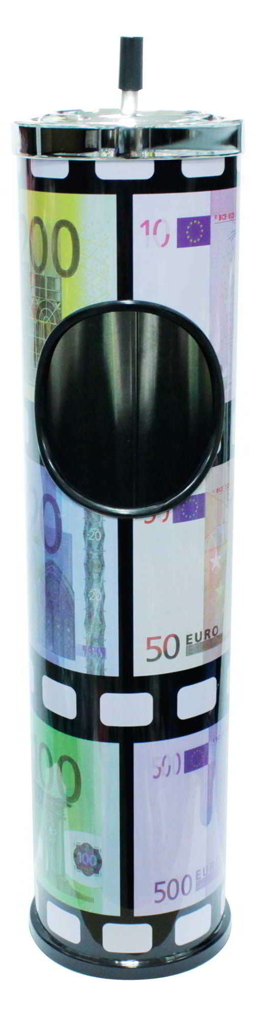 Popielnica stojąca 8L stal chromowana ze wzorem banknotów euro, wysokość 57cm, średnica 15cm.