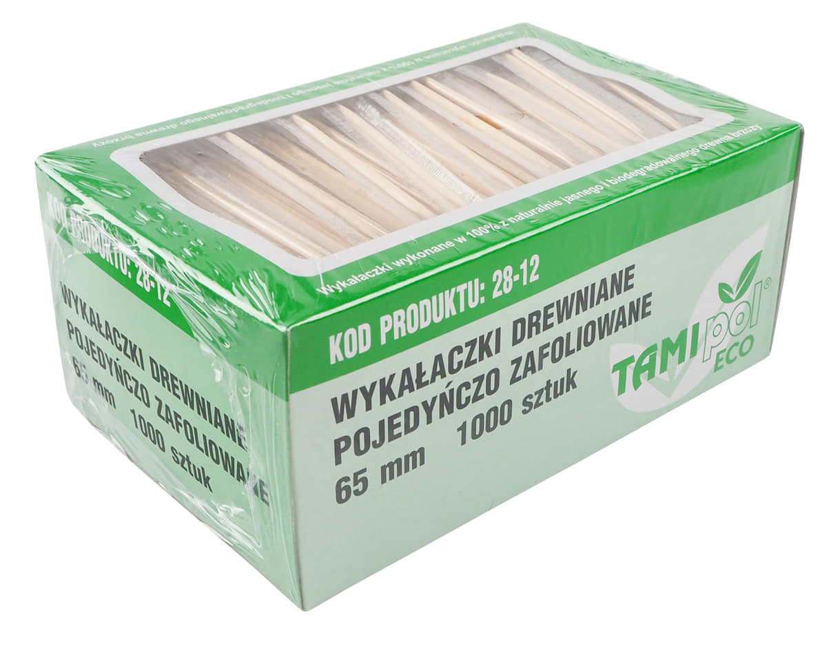 Wykałaczki drewniane higieniczne 65 mm pojedynczo zafoliowane, opakowanie 1000 sztuk