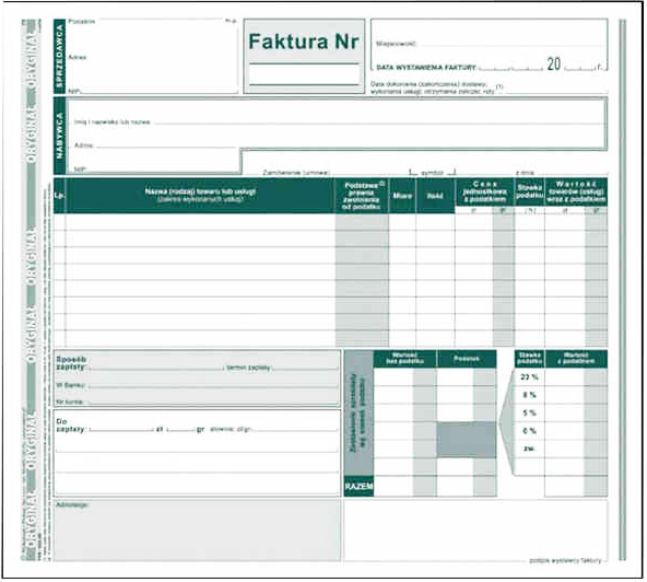 DR Faktura BRUTTO 2/3 A4 WielokopiaTyp 122-2E Druki akcydensowe przeznaczone do wypełniania, wykorzystywane w czynnościach urzędowych, handlowych. Niezbędne w funkcjonowaniu firm, urzędów i innych jednostek zgodnie z obowiązującymi normami prawnymi.