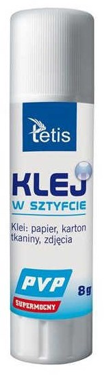 Klej w sztyfcie PVP 8g TETIS Klej w sztyfcie TETIS PVP 8g bezbarwny do papieru i kartonu