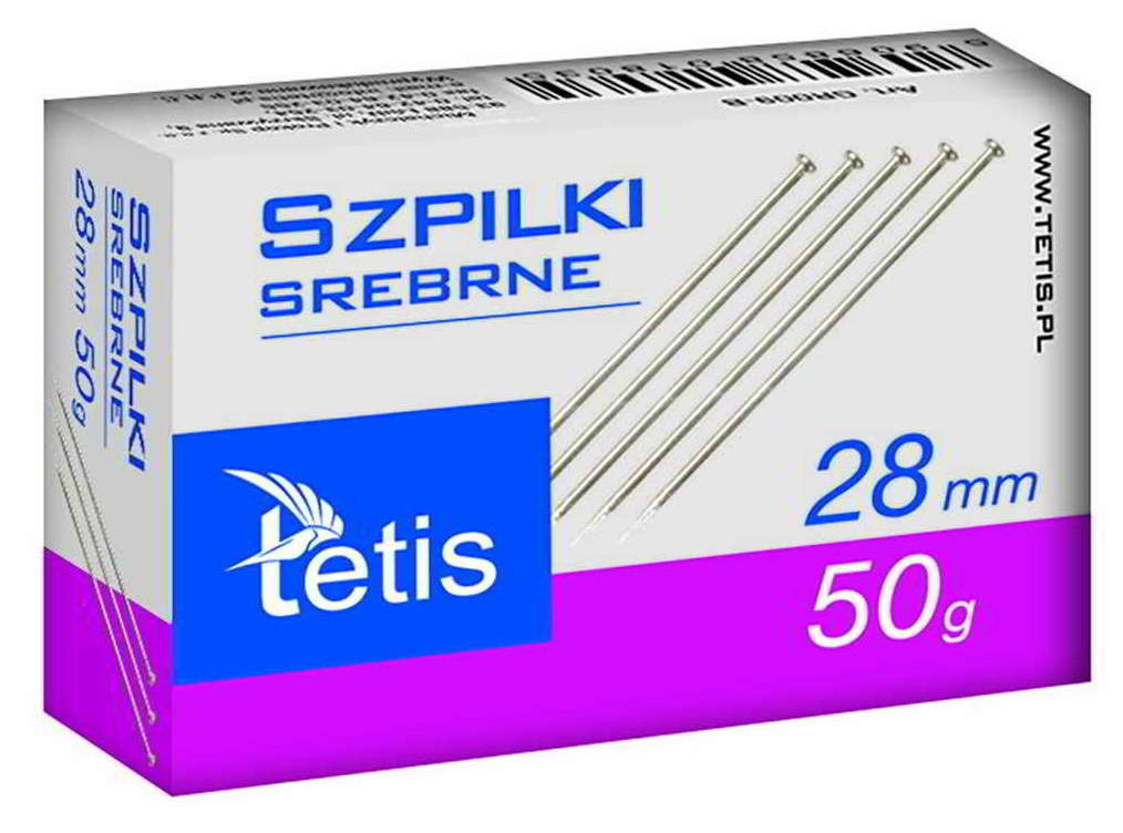Wykonane ze stali nierdzewnej. Posiadają metalowe główki. Opakowanie: pudełko 50 g / 10 pudełek po 50 g.
