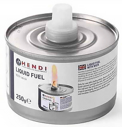 Paliwo do podgrzewaczy HENDI Liquid Fuel 250g z knotem, metalowa puszka ze srebrnym brzegiem i białą zaworką.