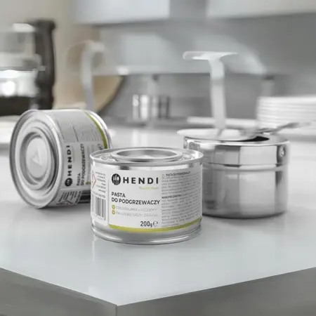 HENDI Pasta do podgrzewaczy 200g w metalowym pojemniku z białą etykietą i żółtym paskiem