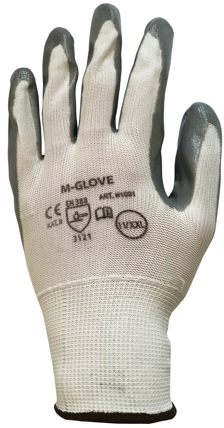 Rękawice ochronne BIAŁO-SZARE 1 para 9/L z dzianiny poliestrowej powlekane nitryle Rękawice ochronne M-GLOVE biało-szare rozmiar L z dzianiny poliestrowej powlekane nitrylem.
