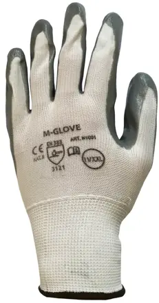 Rękawice ochronne BIAŁO-SZARE 1 para 9/L z dzianiny poliestrowej powlekane nitryle Rękawice ochronne M-GLOVE biało-szare rozmiar L z dzianiny poliestrowej powlekane nitrylem.