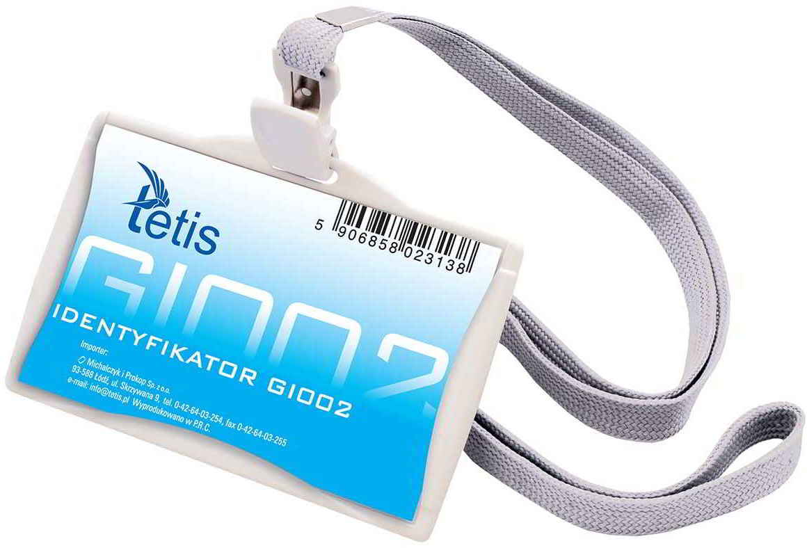 Identyfikator na smyczy TETIS GI002 85x35 mm z szarą taśmą i klipsem, opakowanie 30 szt.