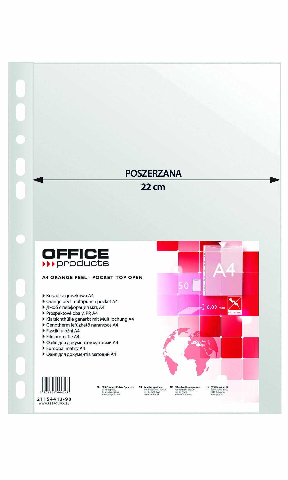 Obwoluta A4 poszerzana groszkowa 90 mikronów, 50 sztuk, z otworami perforowanymi do segregatora
