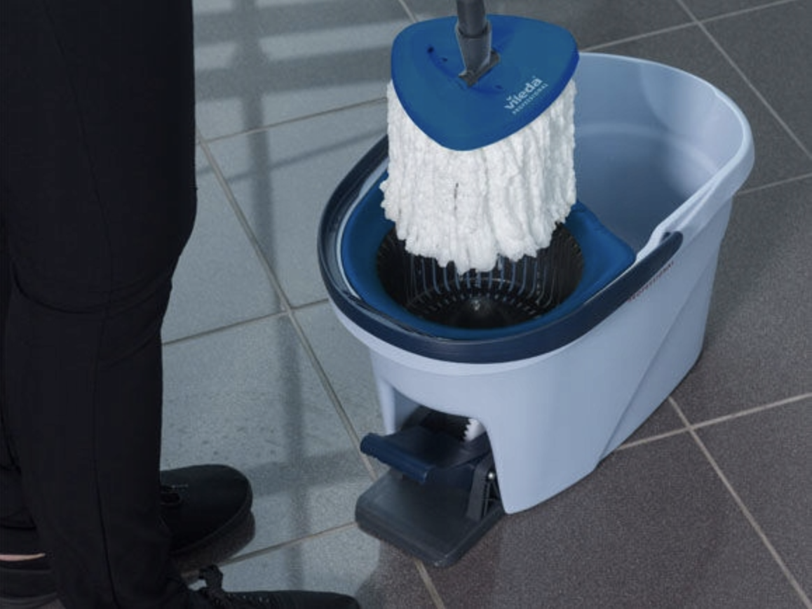 Vileda UltraSpin obrotowy mop zestaw wiadro białe z wyciskarką niebieską uchwyt i mop wymienny