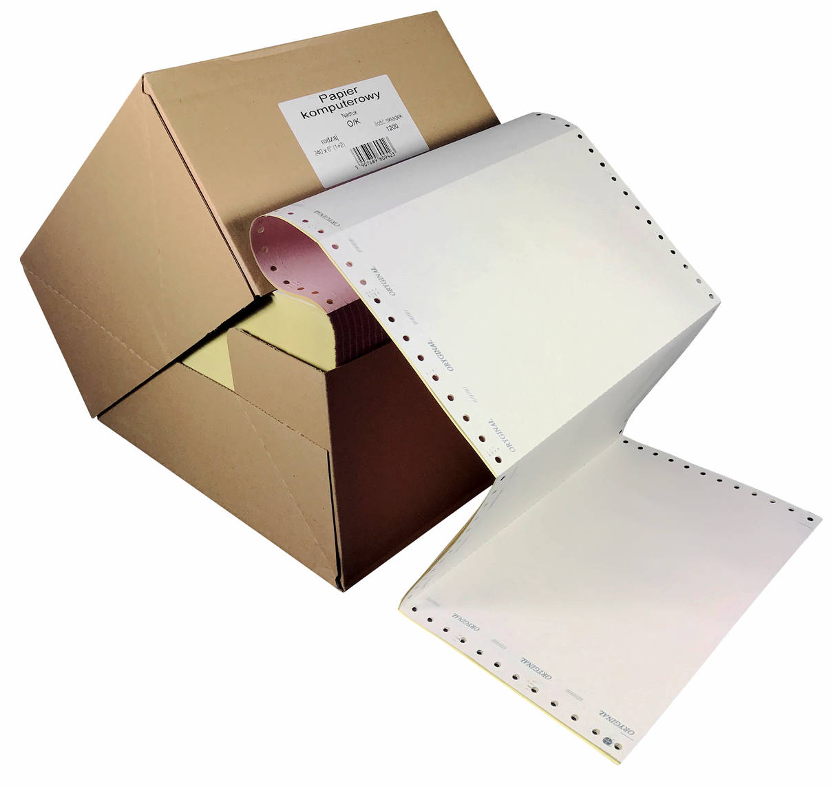Papier komputerowy 1+2 6" O/K 1200 składek wielowarstwowy w opakowaniu kartonowym z rozłożonymi arkuszami.