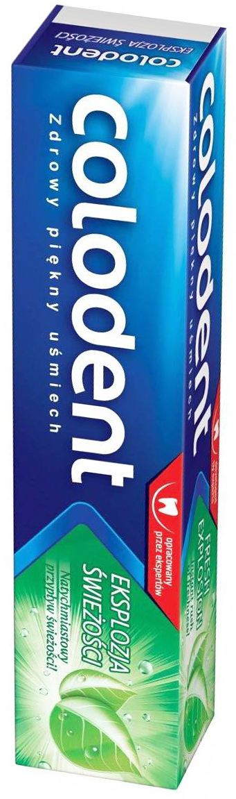 Pasta do zębów 100 ml COLODENT zawiera unikalne połączenie białej pasty i zielonego żelu, łącząc ich najlepsze właściwości. Pasta wzmacnia zęby, zapobiega pruchnicy oraz pozostawia niesamowicie świeży oddech.

