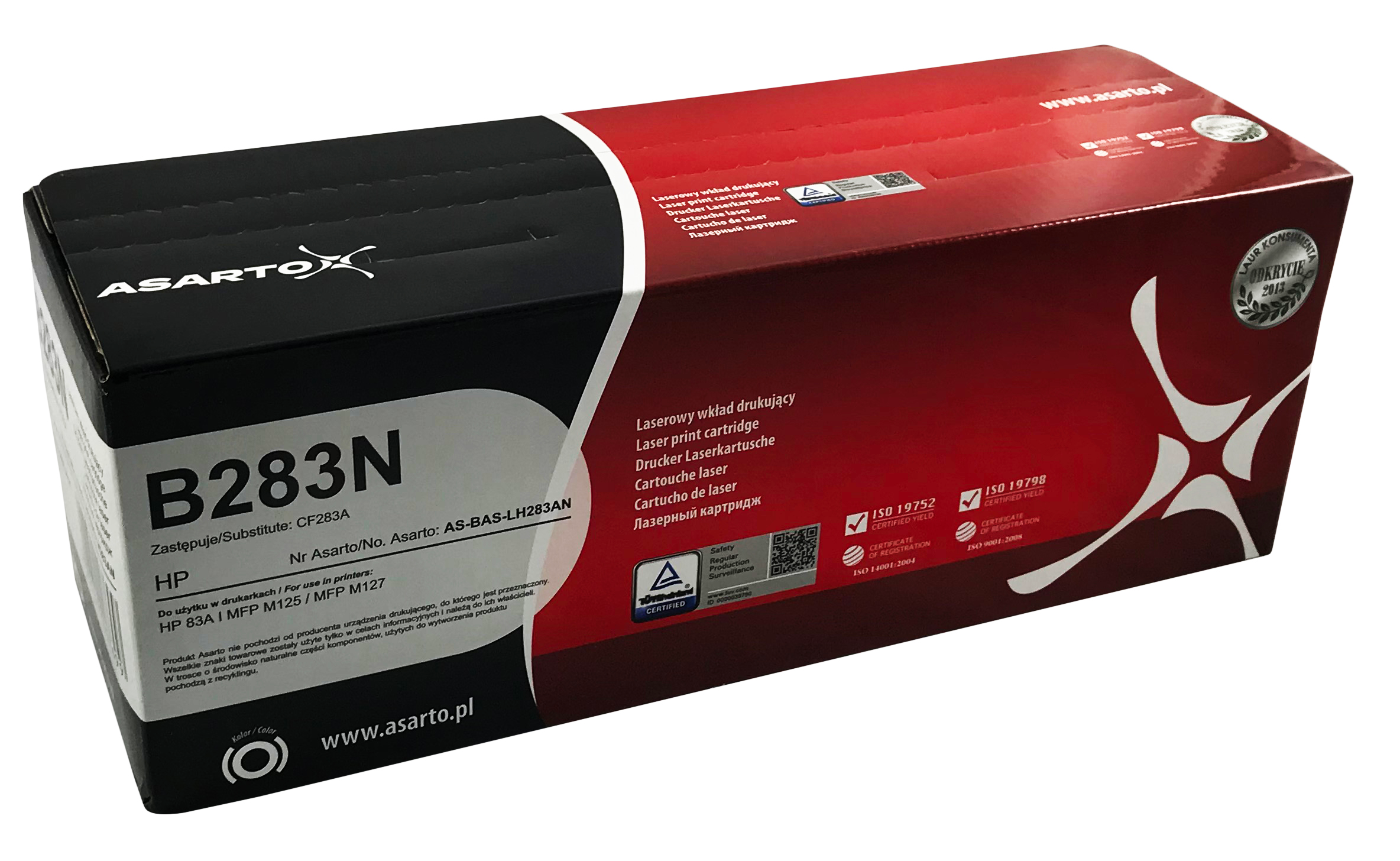 Toner HP 83A CF283A Asarto B283N do drukarek HP serii M125 M127 M201 M225, pojemność 1500 stron.