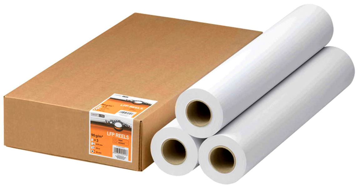 Papier do plotera 80g A4 w rolach, trzy sztuki białego papieru obok pudła opakowania