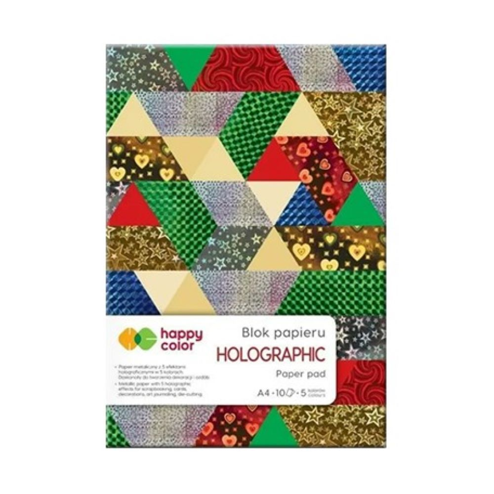Blok holograficzny brokatowy w 10 kolorach doskonały do zabawy, tworzenia dekoracji lub ozdób. Gramatura: 70g. Format: A4. 10 arkuszy w bloku.