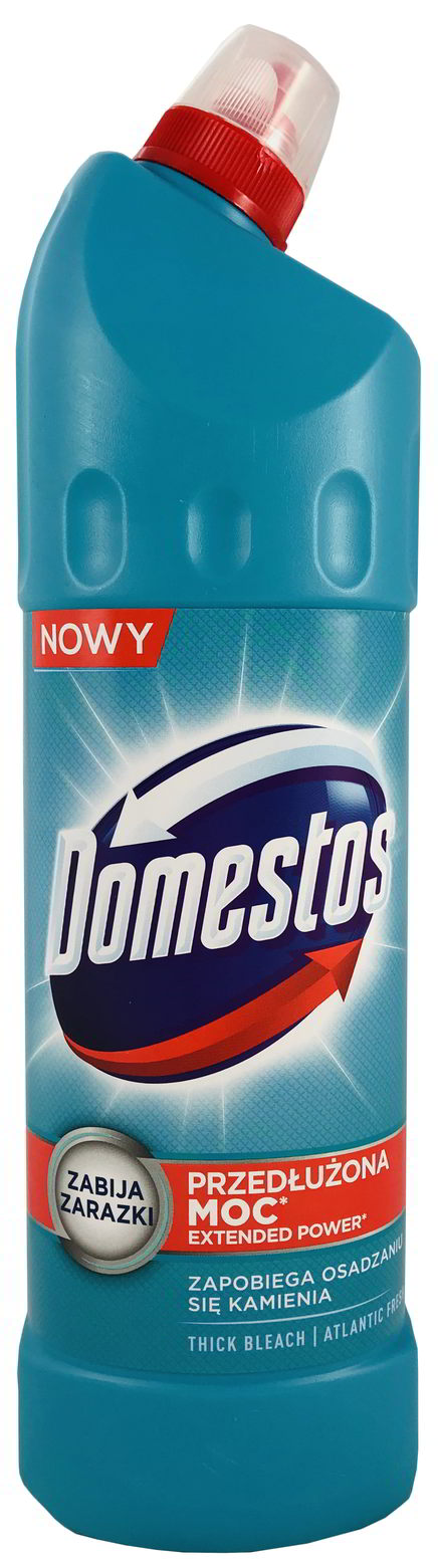 Domestos Atlantic Fresh 1250 ml błękitny płyn czyszcząco-dezynfekujący do WC w butelce z czerwono-białą nakrętką.