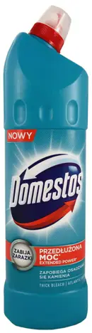 Domestos Atlantic Fresh 1250 ml błękitny płyn czyszcząco-dezynfekujący do WC w butelce z czerwono-białą nakrętką.