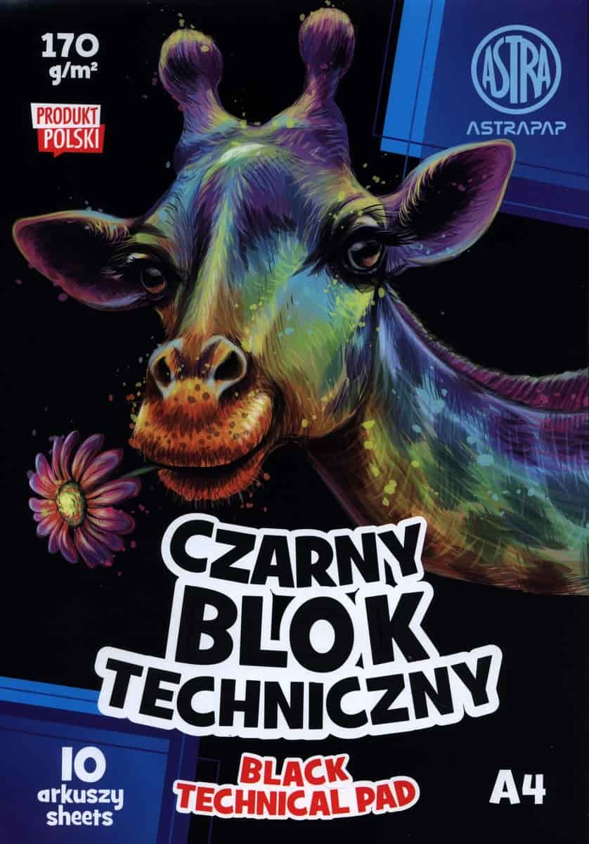 Blok techniczny A4 czarny ASTRA 170g/m2 10 arkuszy z kolorową grafiką żyrafy na opakowaniu.