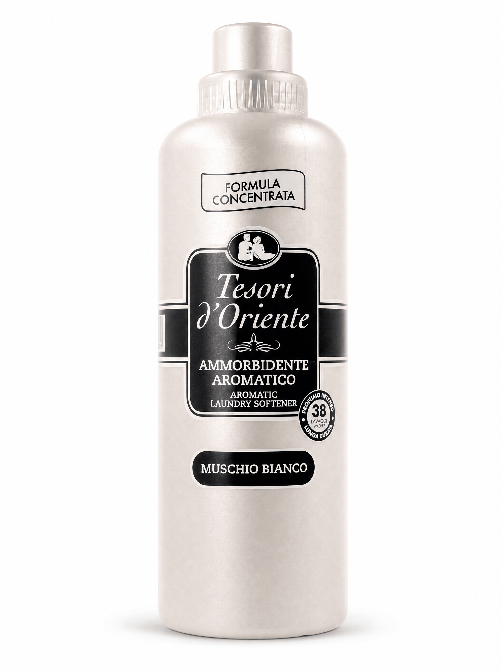 Płyn do płukania Tesori d'Oriente Białe Piżmo 760ml na białym tle, butelka z etykietą czarną i srebrnym zamknięciem.