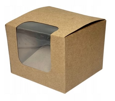 Karton na tort jednoczęściowy kraft z przezroczystym oknem, wymiary 9,7x9,2x7 cm.