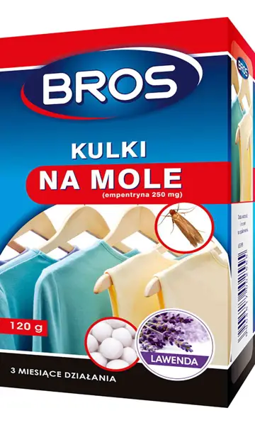 BROS Mole- kulki Lawenda 20szt Preparat skutecznie chroni odzież przed niszczącym działaniem moli. Zachowuje skuteczność do 3 miesiący od otwarcia. Opakowanie zawiera: 20szt.