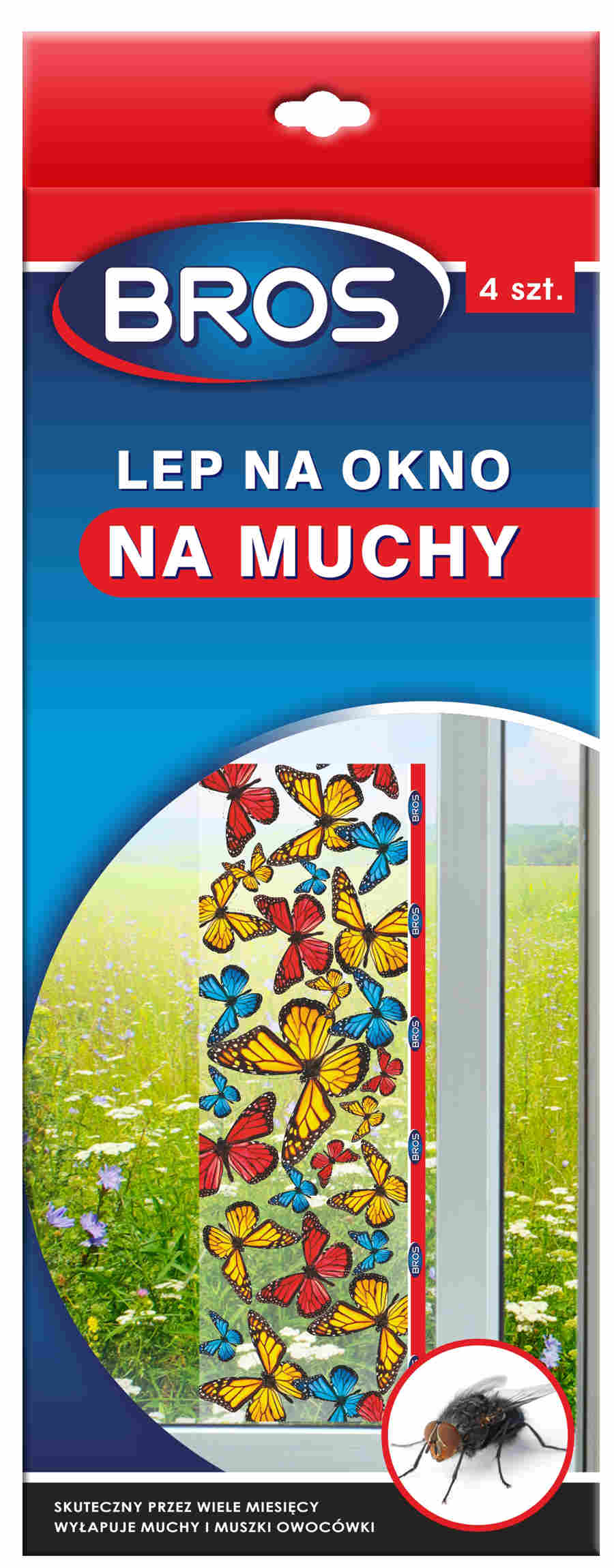 BROS Lep na muchy na okno 4 sztuki z kolorowym nadrukiem motyli, do przyklejenia na szybie.