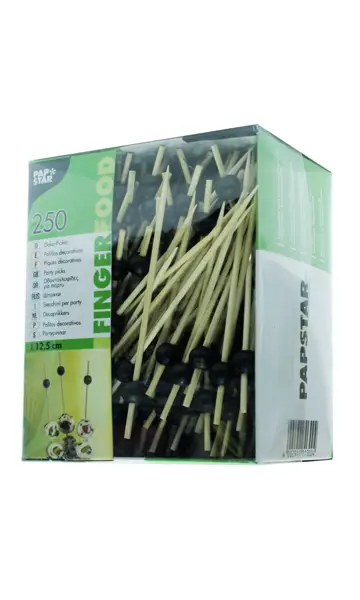 Wykałaczka patyczek czarna perła 250szt12,5 cm FINGERFOOD Wykałaczka czarna perła doskonale pasuje do wszelkiego rodzaju koreczków oraz urozmaici talerz. Długość wykałaczki: 12,5 cm. Opakowanie zawiera: 250 szt.