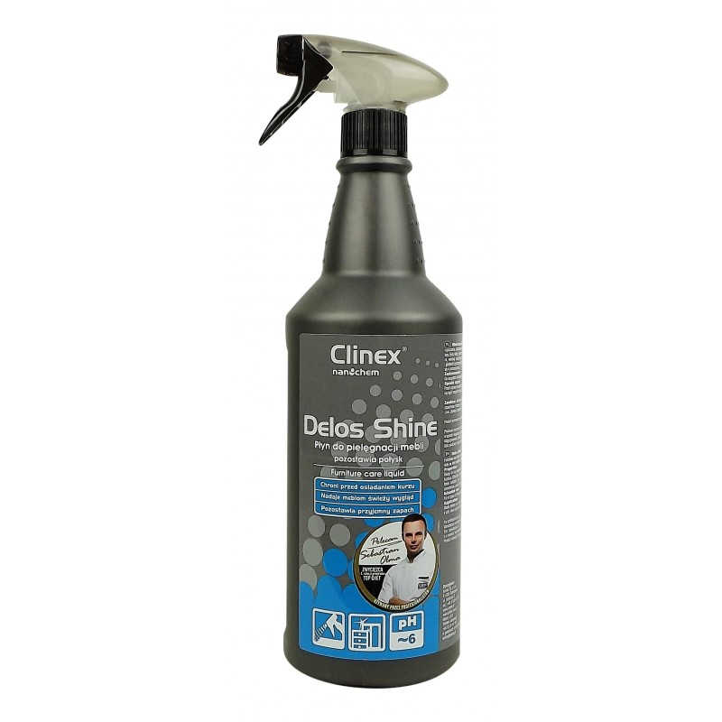 Płyn do pielęgnacji mebli Clinex Delos Shine 1L w szarej butelce ze sprayem