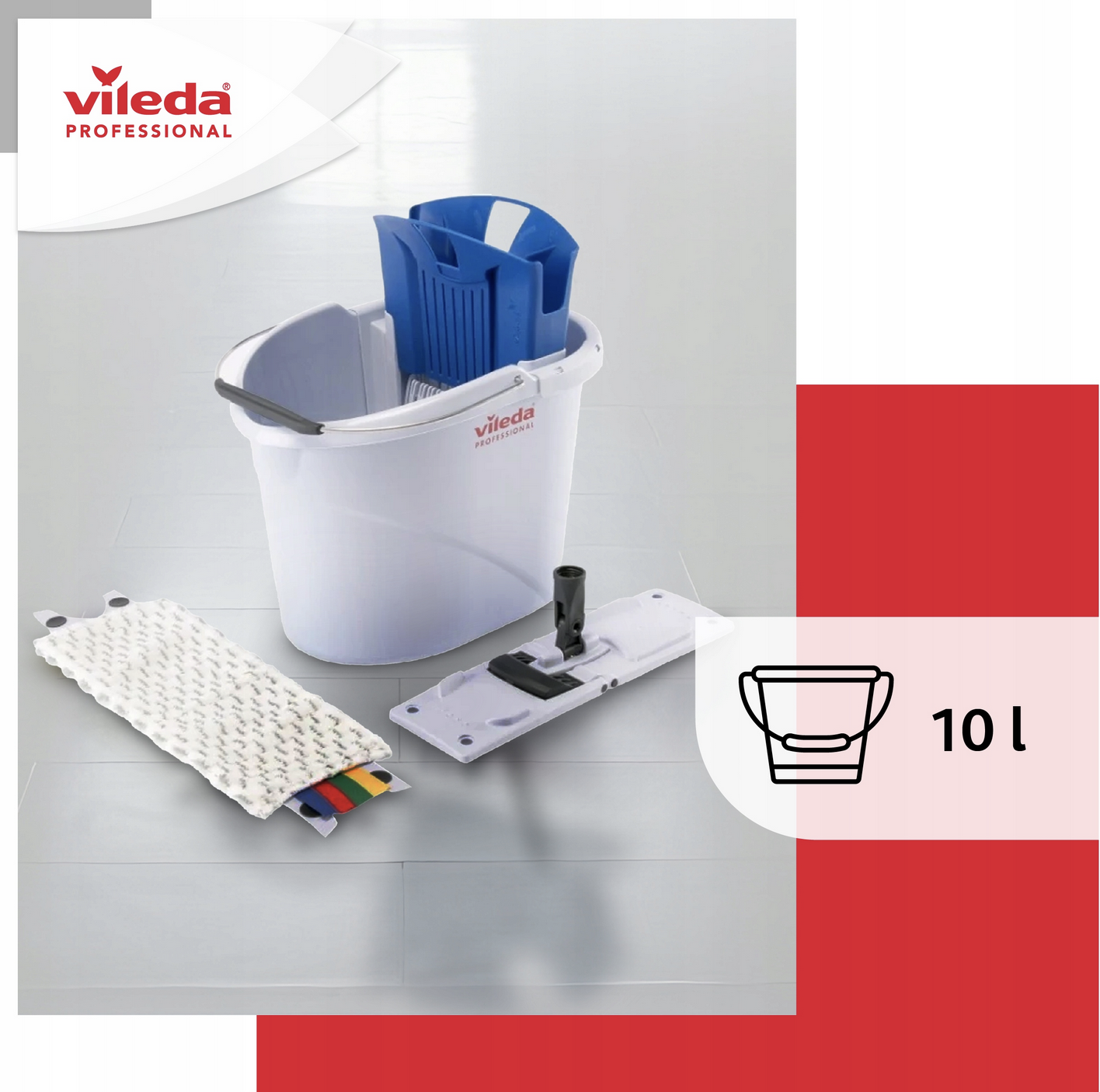 Vileda UltraSpeed Mini zestaw do czyszczenia: białe wiadro 10l, niebieski uchwyt, nakładka mopa, kij i wyciskarka.